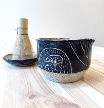 Hand Carved Matcha Bowl + Whisk Holder Set